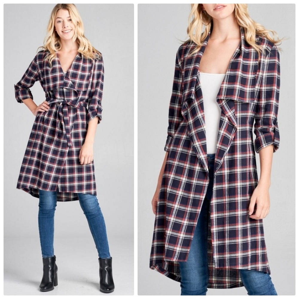 PLUS SIZE Blue Orange Plaid Midi Duster Blazer